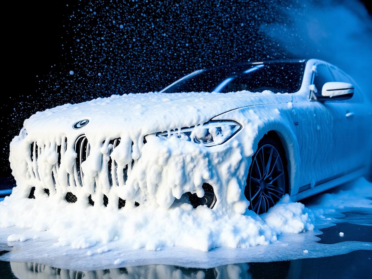 Foam cannon pre-wash on luxury sedan